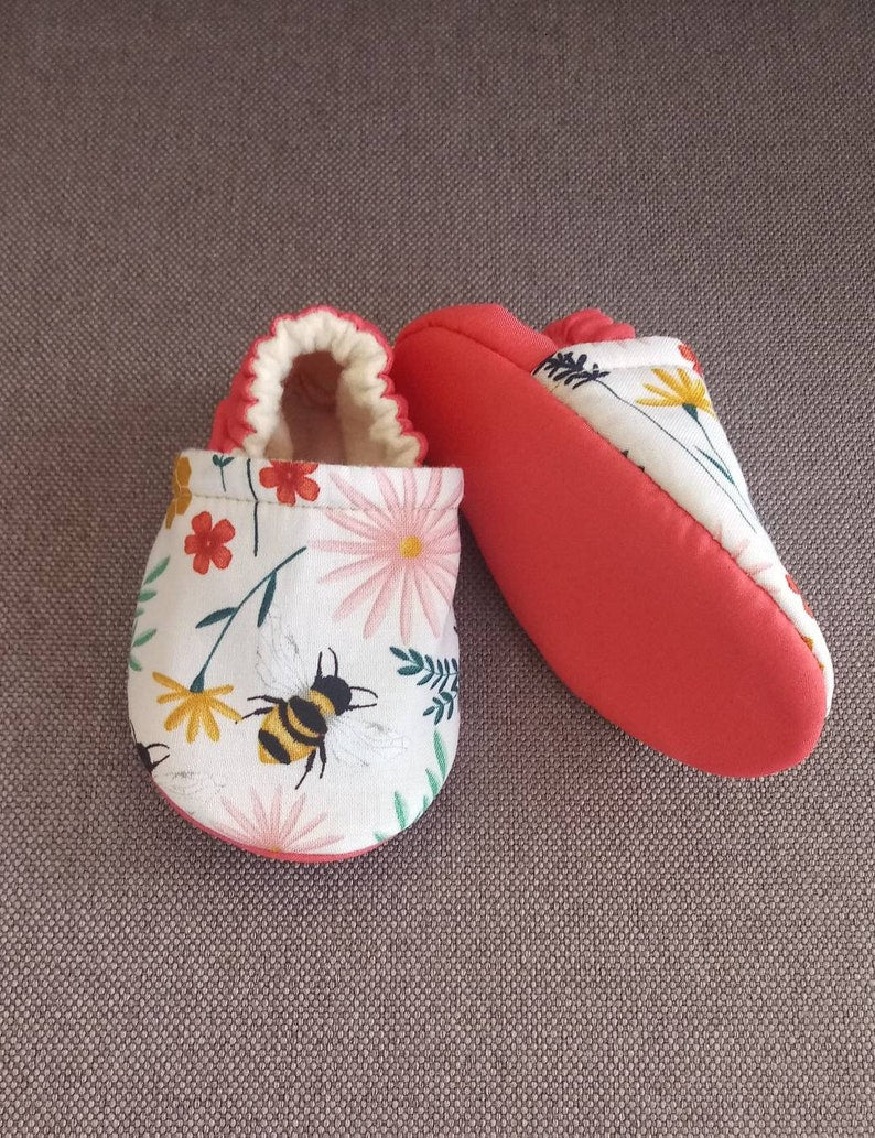 Bee Baby shoes, Coral and Yellow Bee soft baby shoes. Made to order item