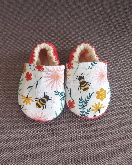 Bee Baby shoes, Coral and Yellow Bee soft baby shoes. Made to order item