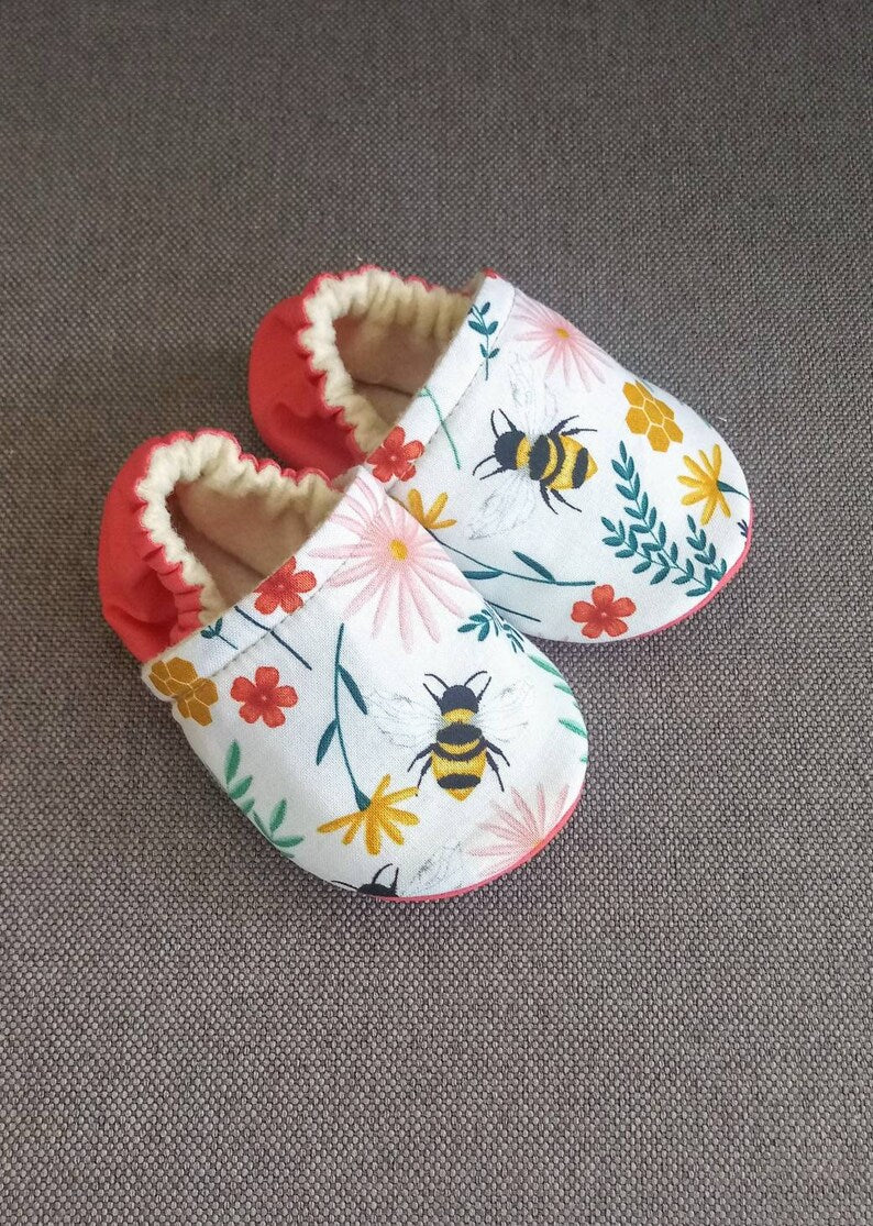Bee Baby shoes, Coral and Yellow Bee soft baby shoes. Made to order item