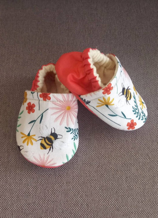 Bee Baby shoes, Coral and Yellow Bee soft baby shoes. Made to order item