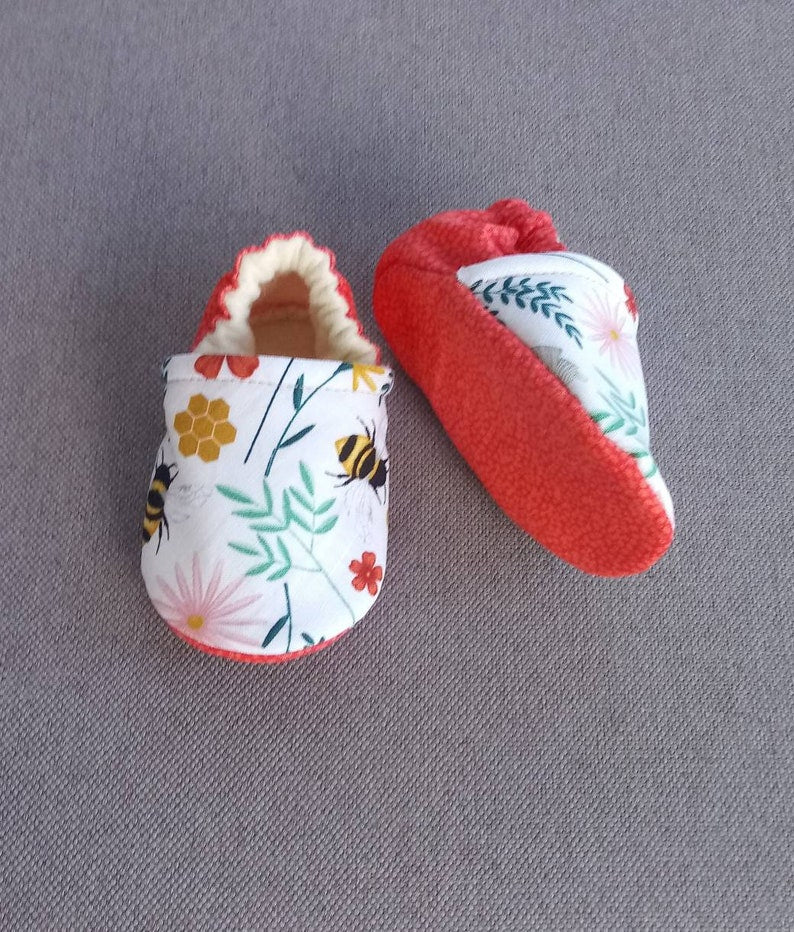 Bee Baby shoes, Coral and Yellow Bee soft baby shoes. Made to order item
