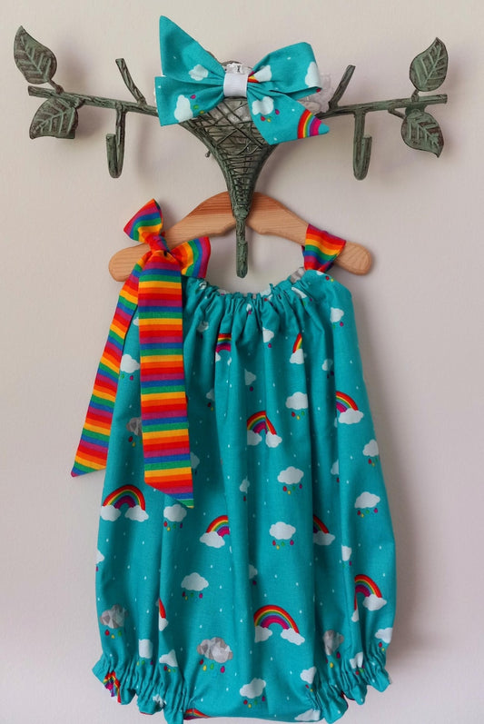 Rainbow baby bubble romper with headband